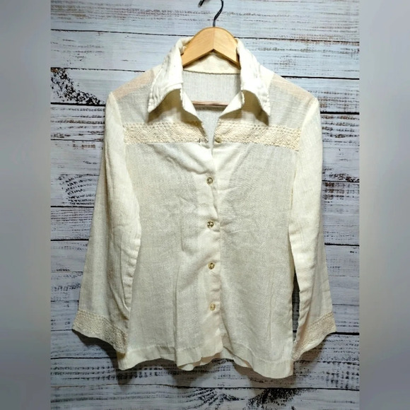 60's Cotton Button Down Shirt in Cream Size Medium Vintage Crochet Festival - Picture 1 of 7